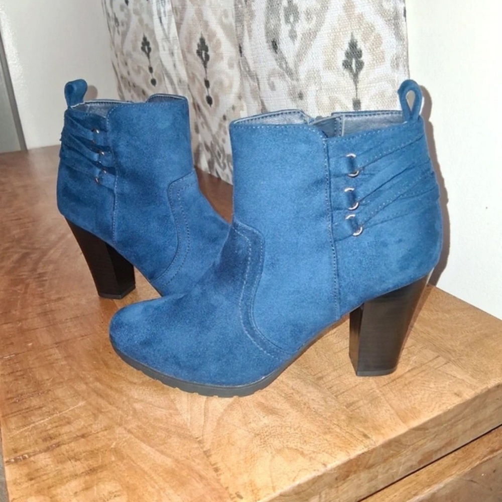Rialto Navy Blue Suede Ankle Booties with Block Heel